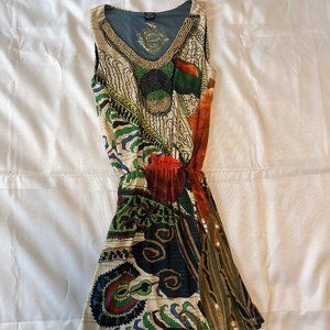 Desigual Sleeveless Knee Length Dress Beaded Gold Tan Green Small